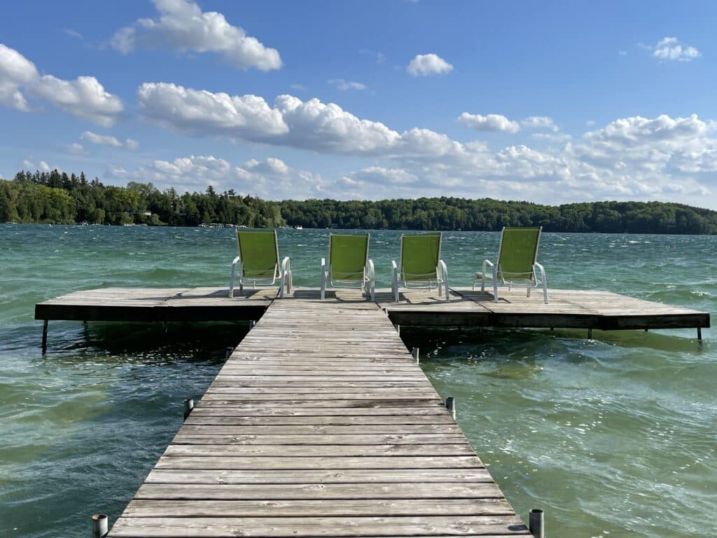Lounge chairs off the private beach at Siebken's Resort in Elkhart Lake, WI.