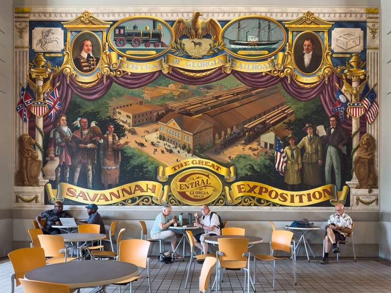 Exhibit display of the Great Savannah Exposition inside the Savannah Visitor Center, featuring historic photographs, artifacts, and interpretive panels.