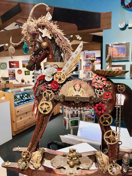 Mixed media rocking horse art - visiting the Sedona Arts Center is one of the free things to do in Sedona