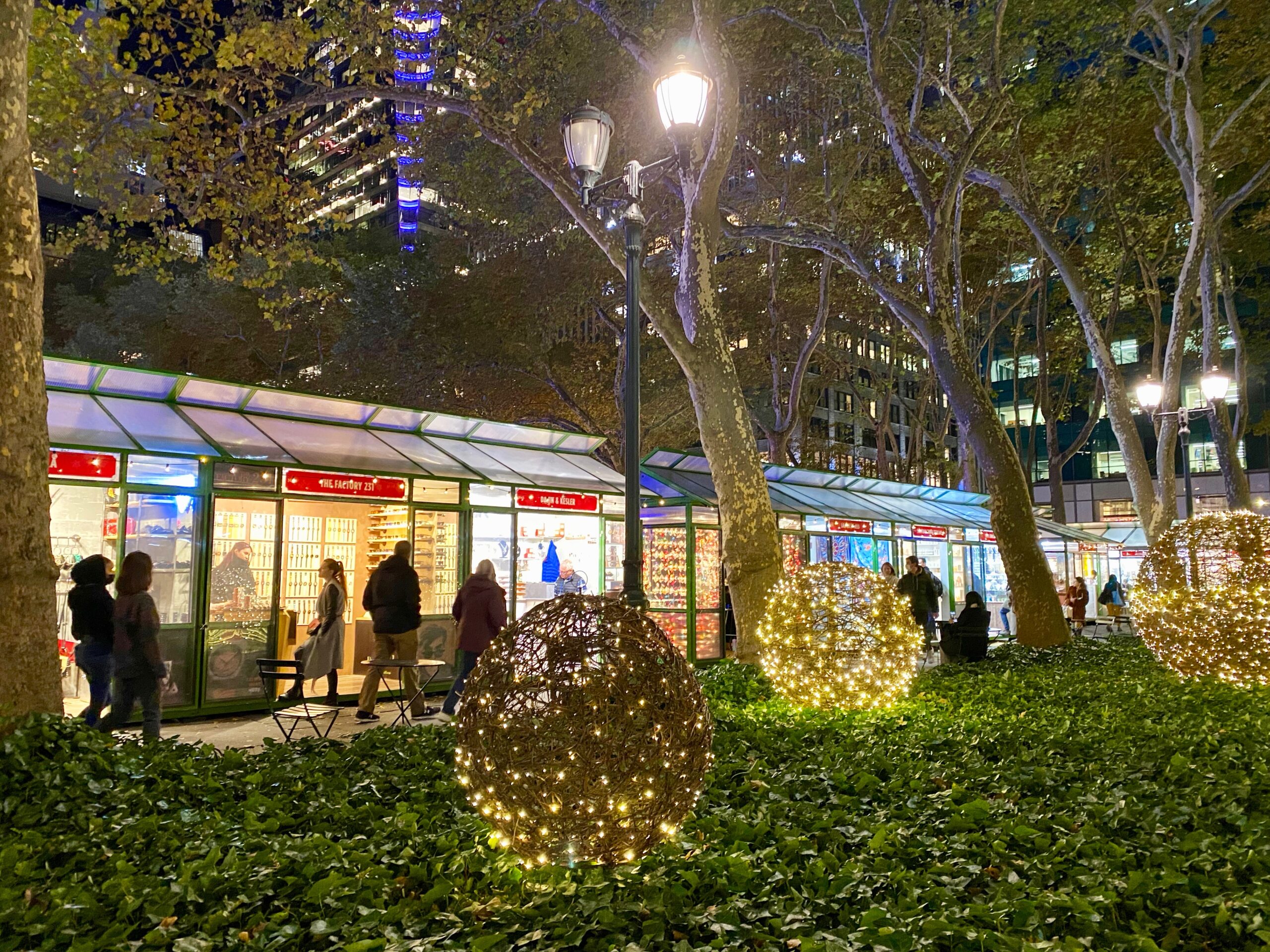 exterior of holiday kiosks in Bryant Park's Winter Village, a wonderful place to celebrate Christmas in NYC