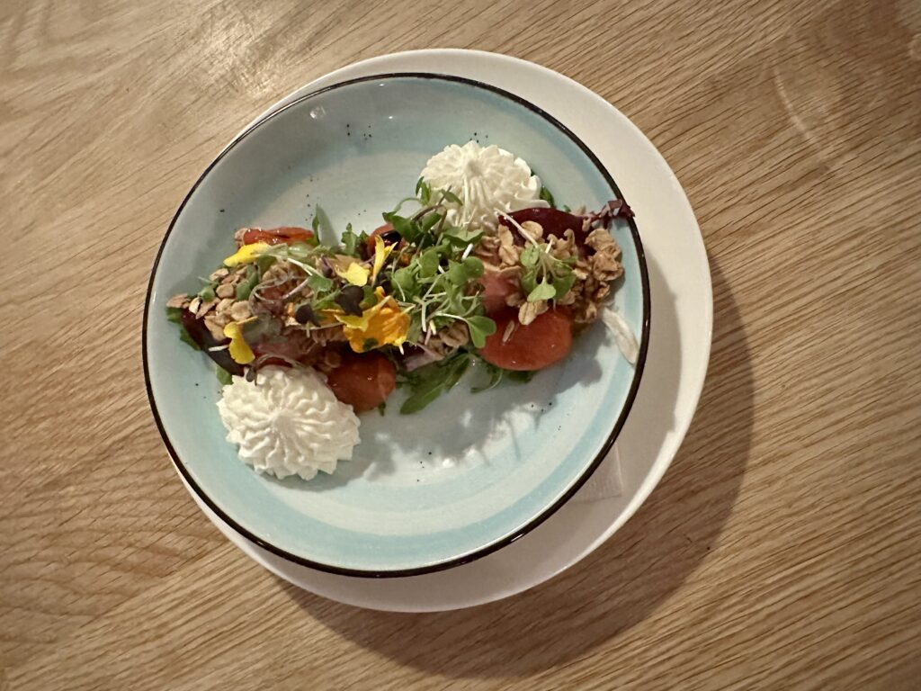 Beet and heirloom tomato salad with ricotta goat cheese at Rose Tavern in Canandaigua, NY