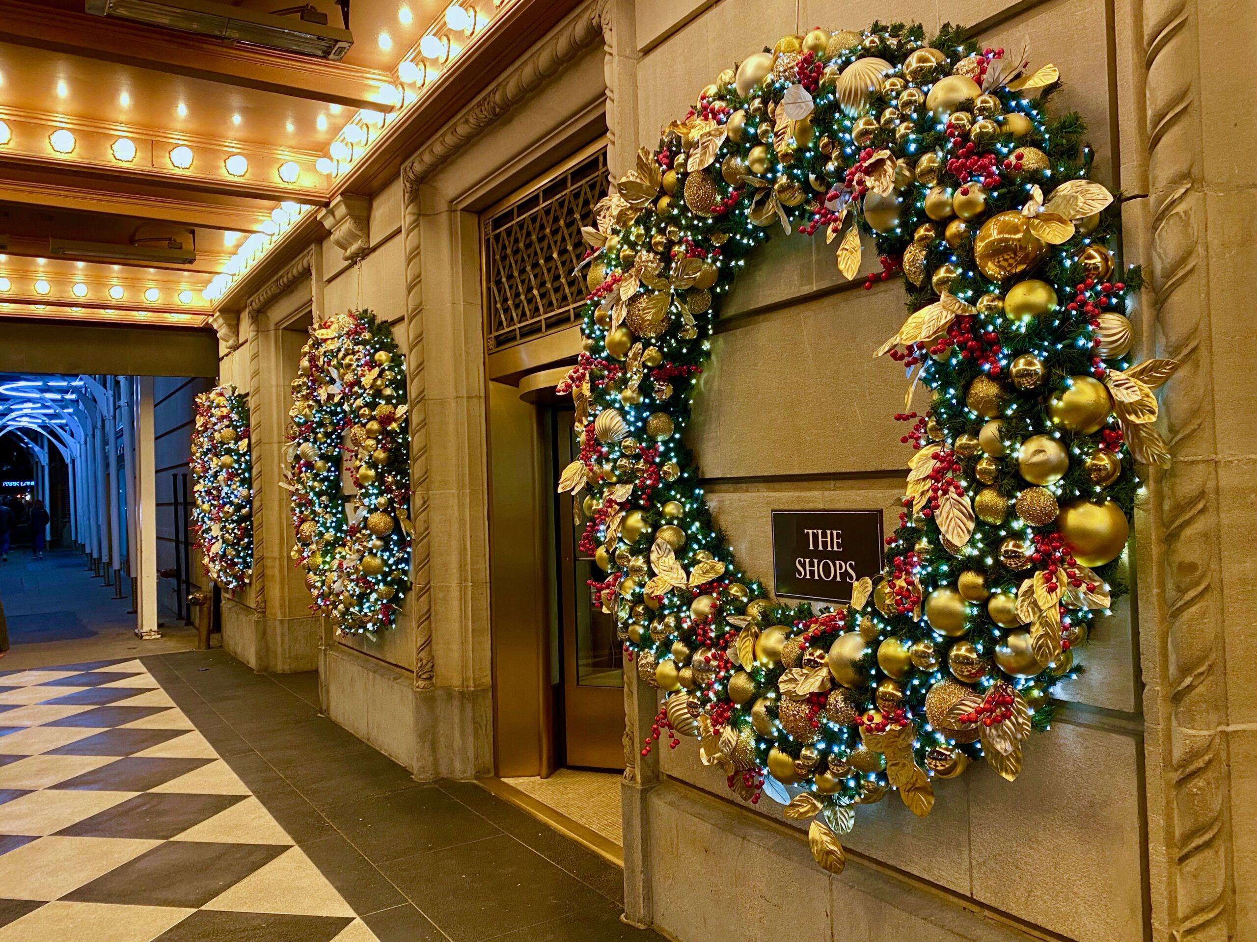 oversized holiday wreaths at The Plaza Hotel, a sight you'll see during Christmas in NYC