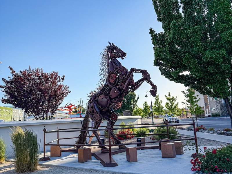 Steampunk-style horse sculpture seen on a girls' trip art tour in Reno.