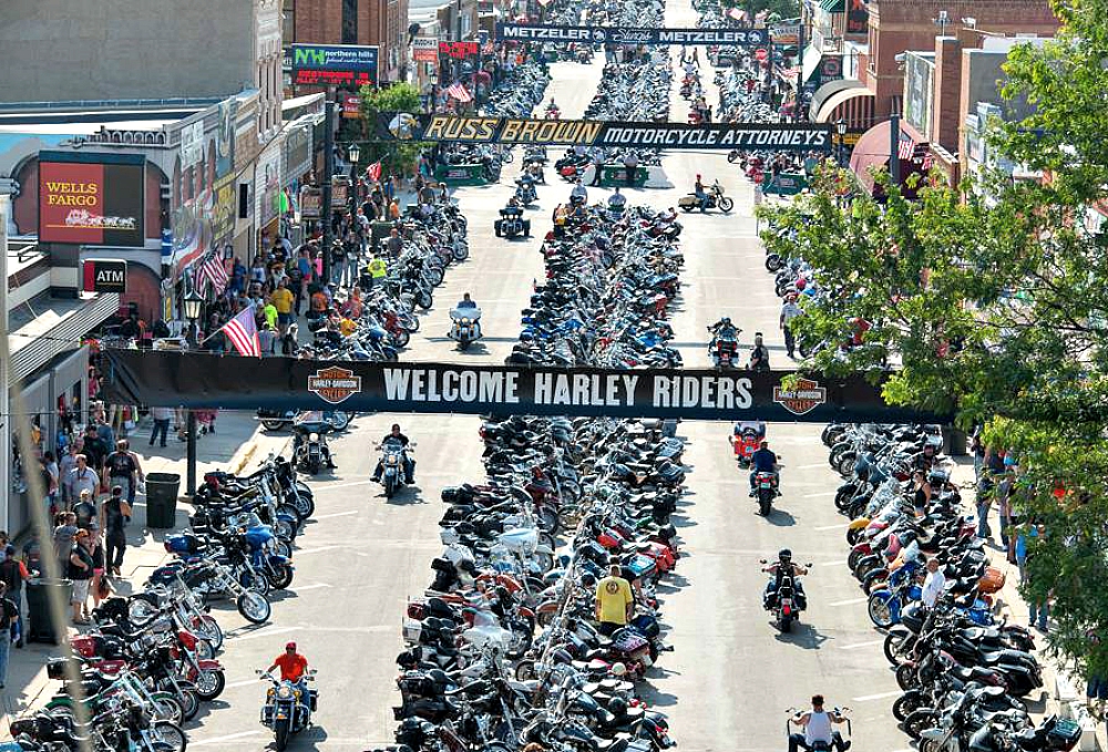 Thousands of motorcycles lining the streets of Sturgis SD during the massive Motorcycle Rally