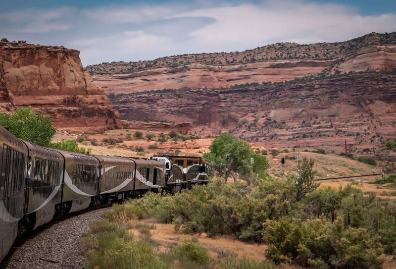 The Canyon Spirit train travels through colorful Ruby Canyon.