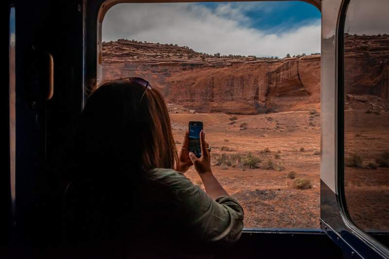 The open-air vestibule on the Canyon Spirit train makes it easy to take photos