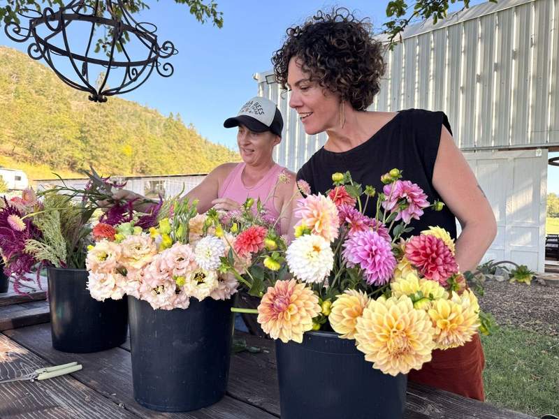 Two ladies arrange flowers. Three buckets of colorful flowers on a picnic table with a barn in the background.
