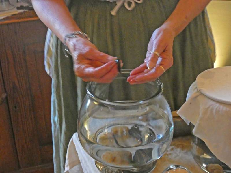 Woman holding a leech over a bowl with other leeches in them that were used to draw blood from patients in colonial times.