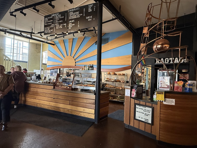Inside view of a trendy bakery and cafe with a vintage cinema in Columbia, Missouri.