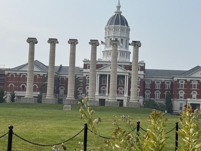 Built with local limestone, the six columns on the University of Missouri are a well-known symbol of the college campus.