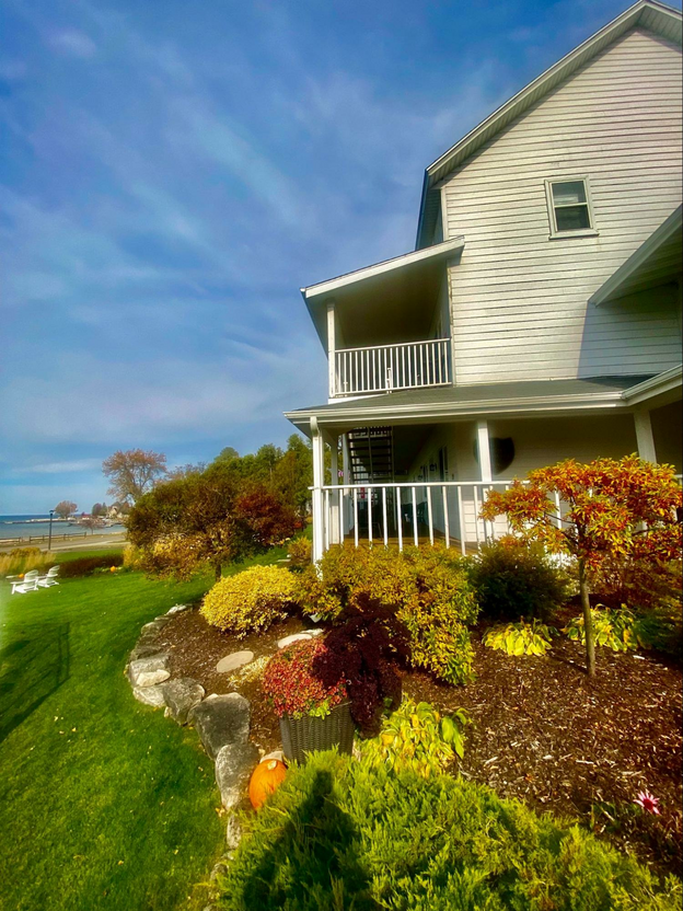 A collection of buildings on the water's edge typically make Edgewater Resort, Door County.