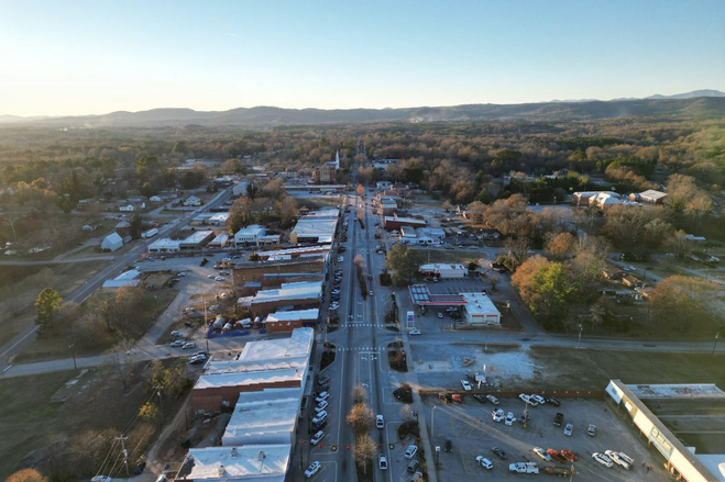 Aerial view of a small town.