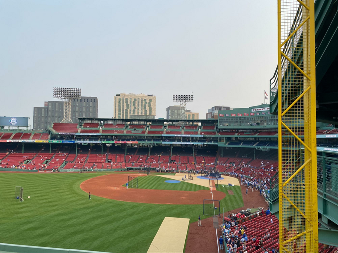 The view of Fenway Park from the Green Monster in left field.