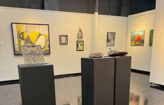 Items displayed in an exhibit titled 'Insects' at the Art Center of Corpus Christi, including paintings, sculpture and drawings.