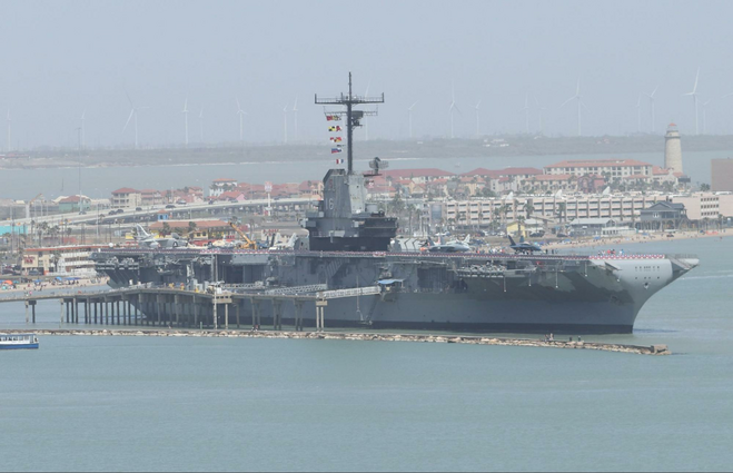 View of the USS Lexington museum, anchored in Corpus Christi Bay.