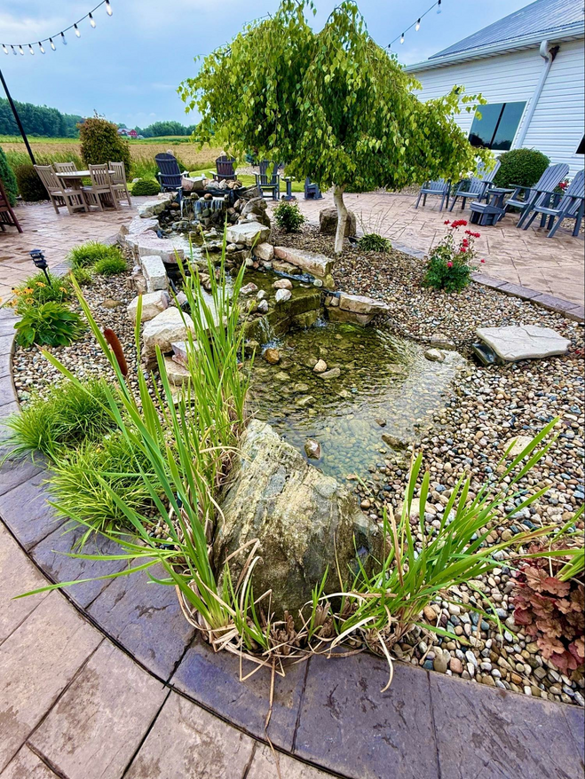 Small water feature trickling down stacked rocks. Fronds of green grasses line one edge and a bushy red flower stands on the opposite side. Wooden planks form the patio floor.