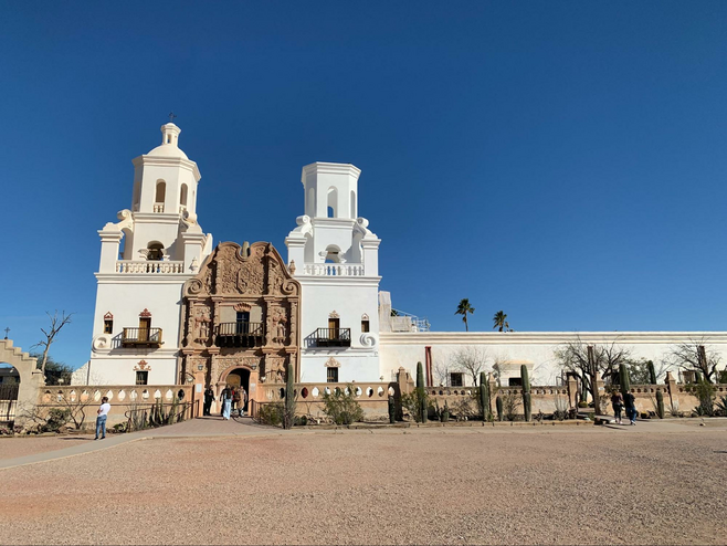 An exterior view of architecturally stunning San Xavier Del Bac Mission