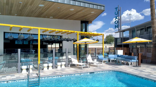 The pool and outdoor patio at the Tuxon Hotel in Tucson.