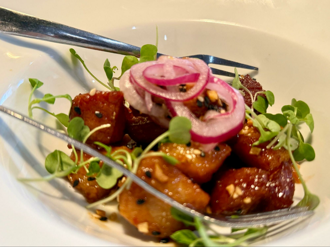 Pork belly appetizer dish from Bayside Kraft Kitchen in Crystal River, FL.