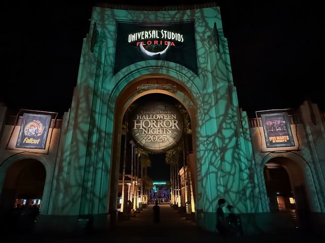 Entry arch to Universal with Halloween Horror Nights 2025 decor.