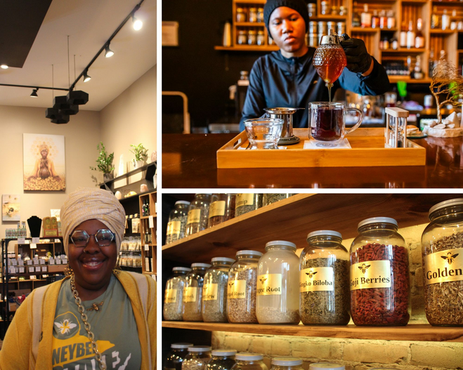 Barista pouring honey into a cup of tea at the cafeAn African-American woman standing in front of natural products and paintings. She wears a head wrap, bee jewelry, and glasses.Multiple jars of herbs on a shelf with golden labels.