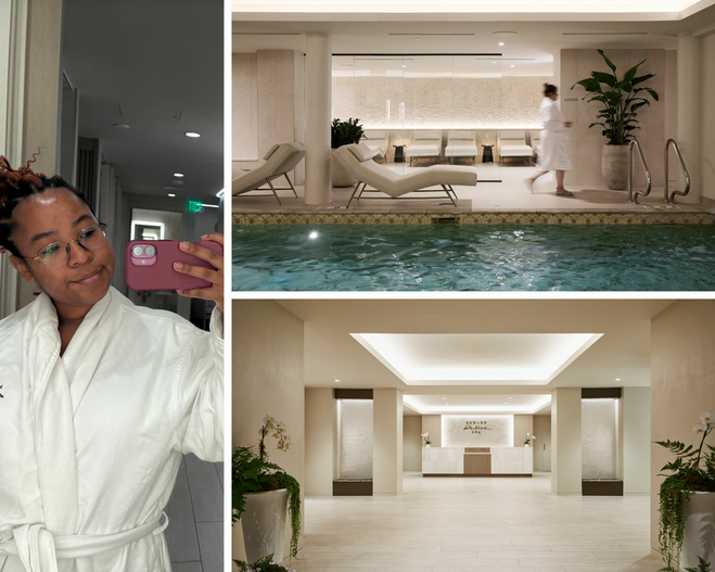 A chic white interior with the front desk that says "Kohler Water Spa".A woman walking in a robe past the pool area.The author in the locker room of the spa with a robe on.