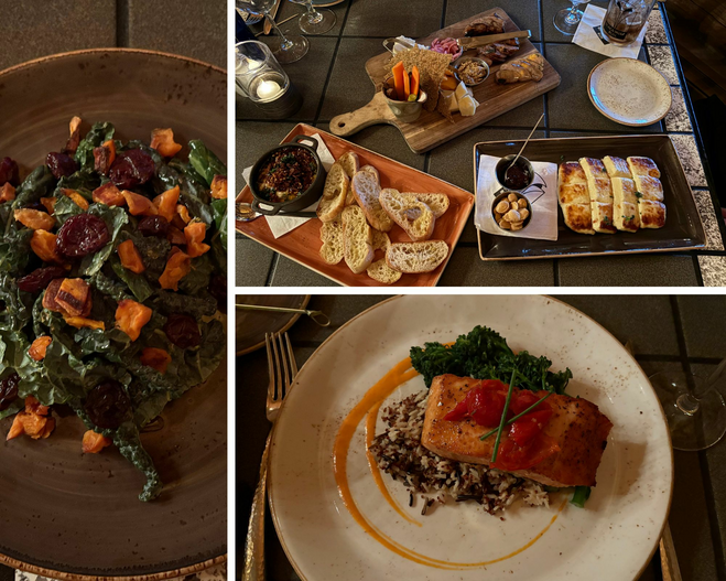 Multiple plates of bread, cheese, jams, and veggies.On a brown plate there are roasted sweet potatoes with dried cherries and kale.On a white plate a piece of salmon on top of rice. There is broccoli on the side.